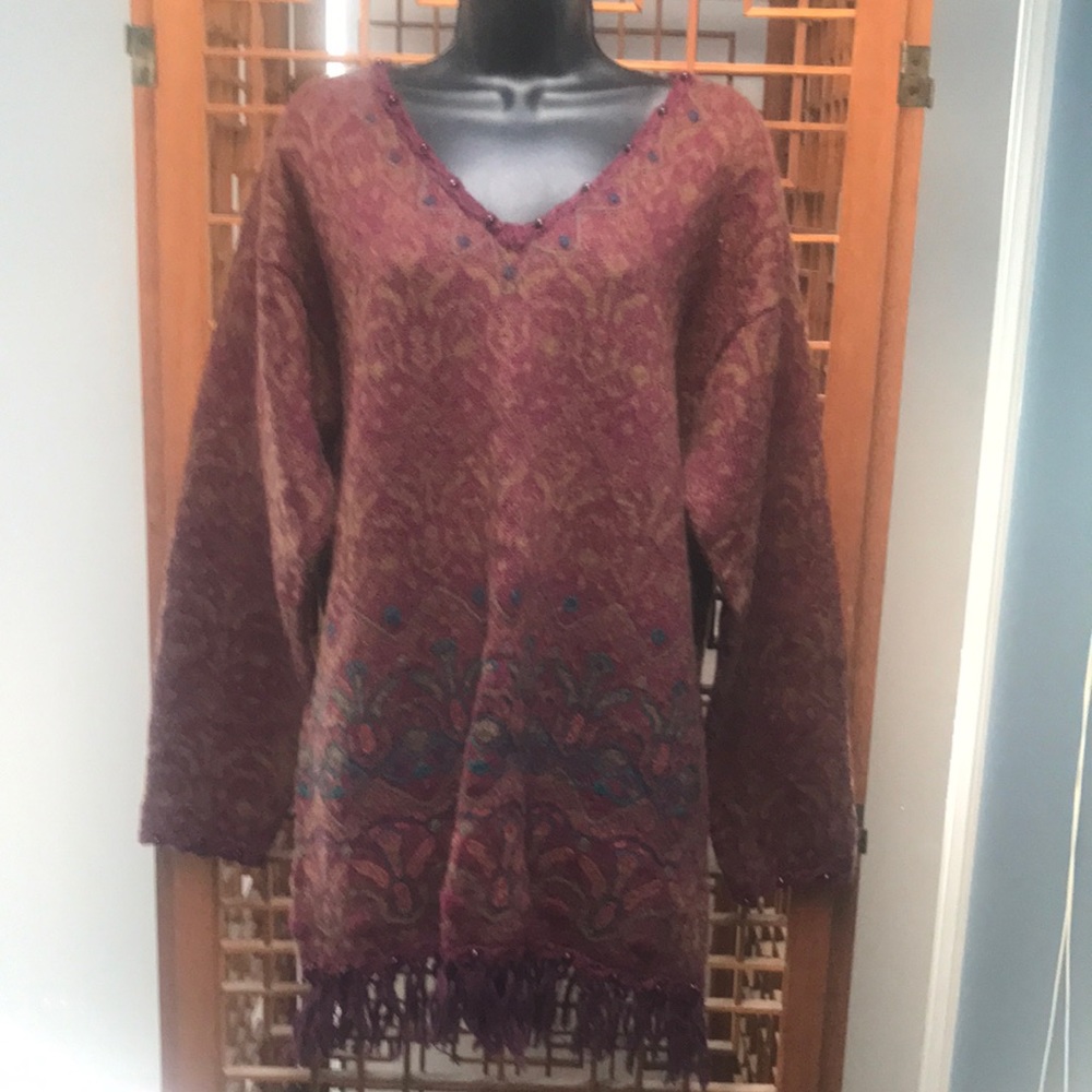 Express burgundy sweater with fringe